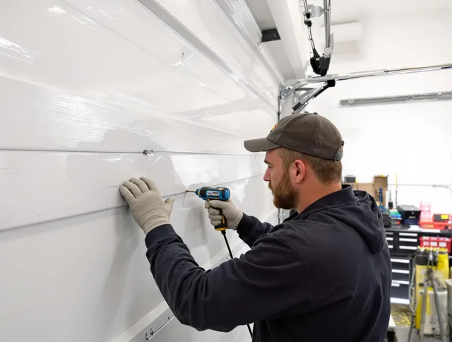 Dana Point Garage Door Repair technician demonstrating precision dent removal techniques on a Dana Point garage door