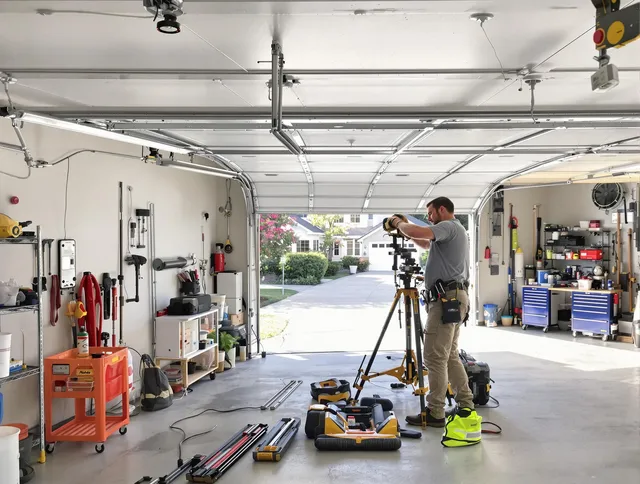 Dana Point Garage Door Repair specialist performing laser-guided track alignment in Dana Point